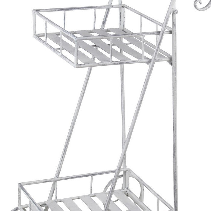 Industrial 2 Tier Metal Planter Cart with scroll Design Frame, Washed White