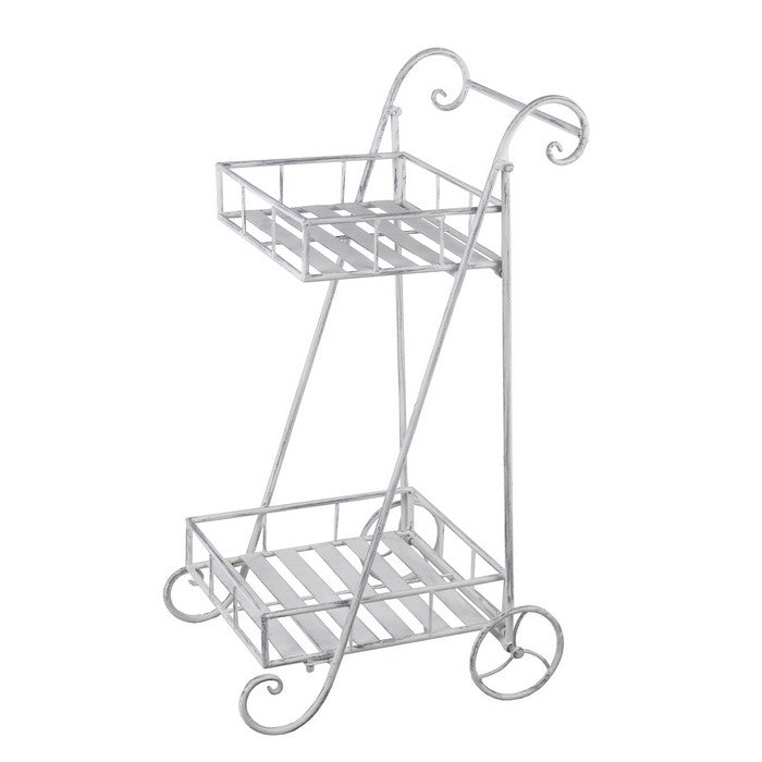 Industrial 2 Tier Metal Planter Cart with scroll Design Frame, Washed White