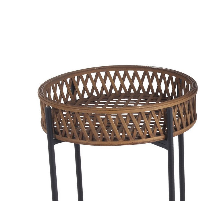 Diamond Pattern Metal and Wood Plant Stand, Set of 2, Brown and Black