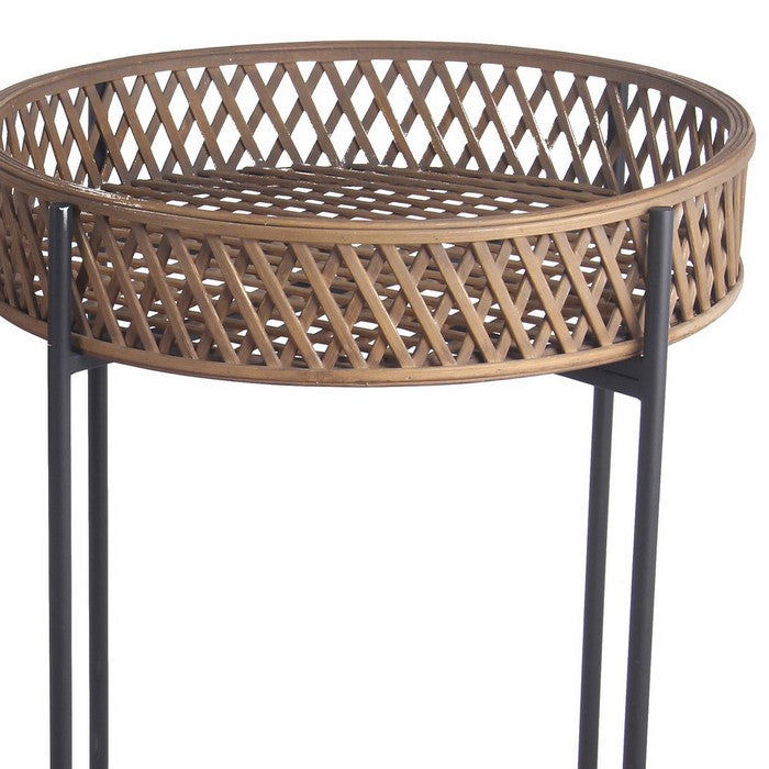 Diamond Pattern Metal and Wood Plant Stand, Set of 2, Brown and Black