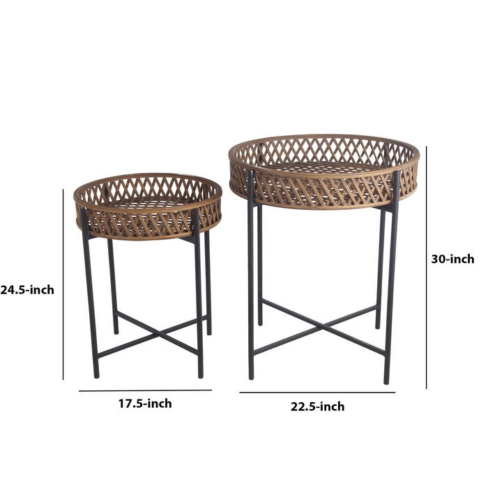 Diamond Pattern Metal and Wood Plant Stand, Set of 2, Brown and Black