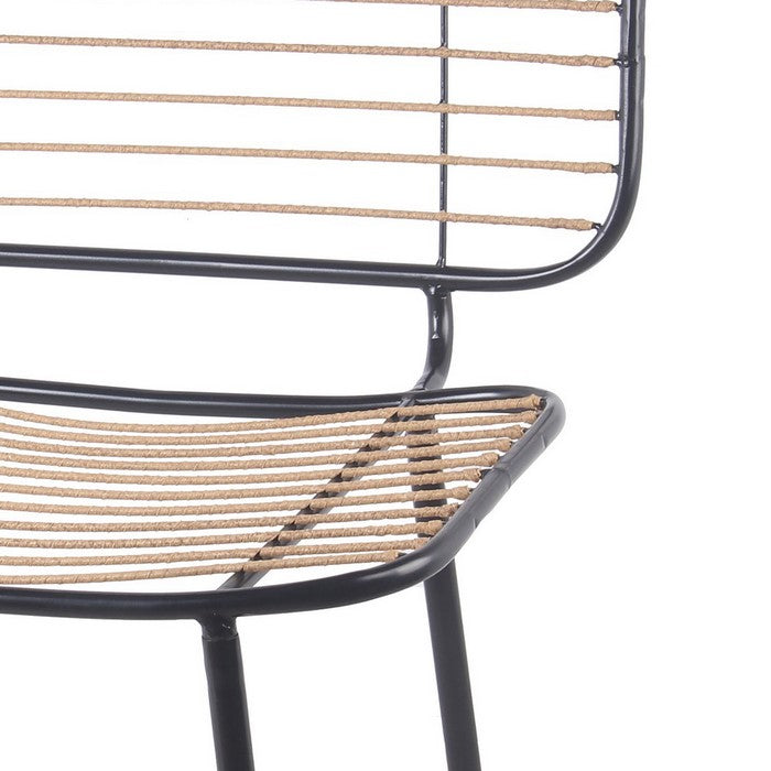 Industrial Style Metal Chair with Slatted Rattan Seating, Black and Beige