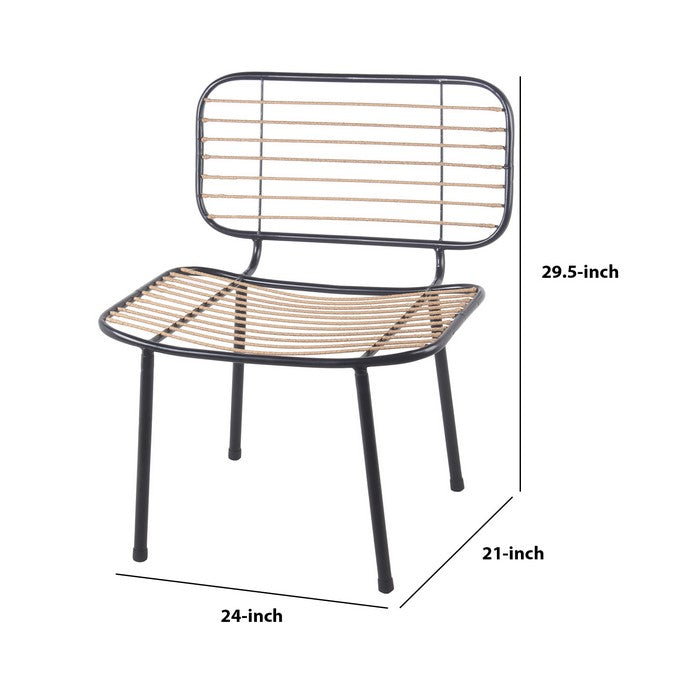 Industrial Style Metal Chair with Slatted Rattan Seating, Black and Beige