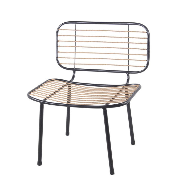 Industrial Style Metal Chair with Slatted Rattan Seating, Black and Beige