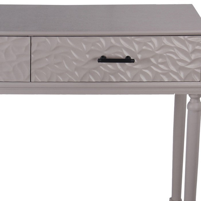 2 Drawer Wooden Console with Embossed Leaf Texture, Light Gray
