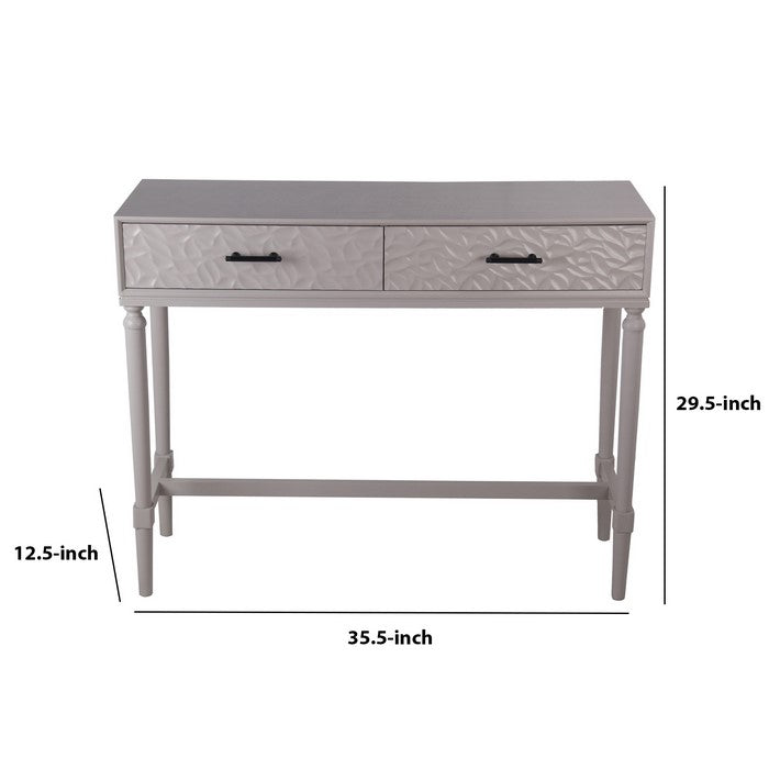 2 Drawer Wooden Console with Embossed Leaf Texture, Light Gray