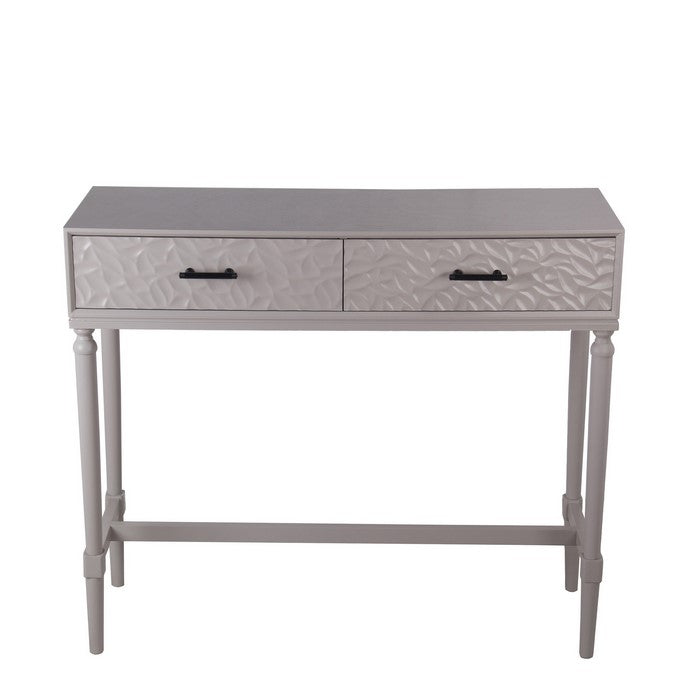 2 Drawer Wooden Console with Embossed Leaf Texture, Light Gray