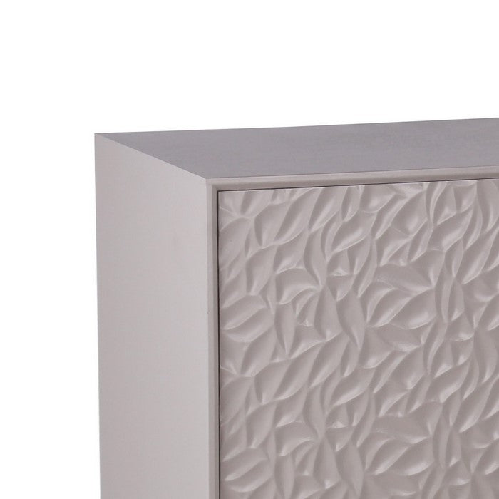2 Door Wooden Cabinet with Embossed Leaf Texture, Light Gray