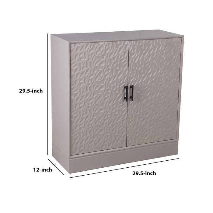 2 Door Wooden Cabinet with Embossed Leaf Texture, Light Gray