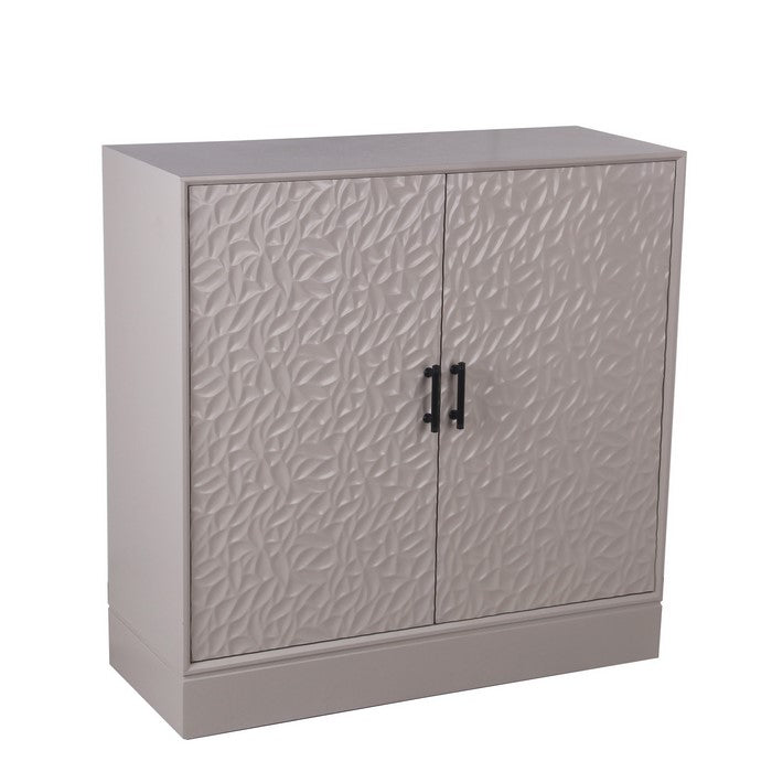 2 Door Wooden Cabinet with Embossed Leaf Texture, Light Gray