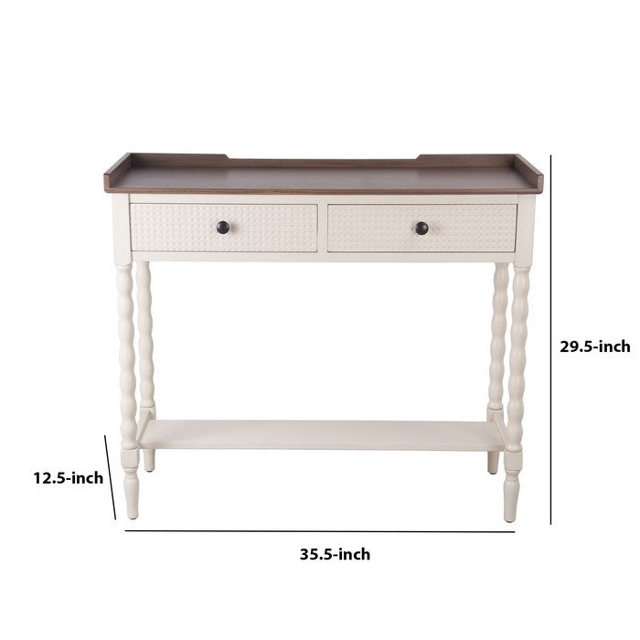2 Drawer Wooden Console with Tray Top and Open Bottom Shelf,White and Brown