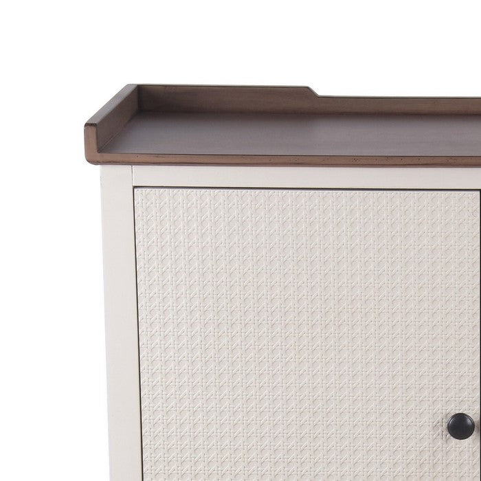 2 Door Wooden Cabinet with Tray Top and Turned Legs, White and Brown