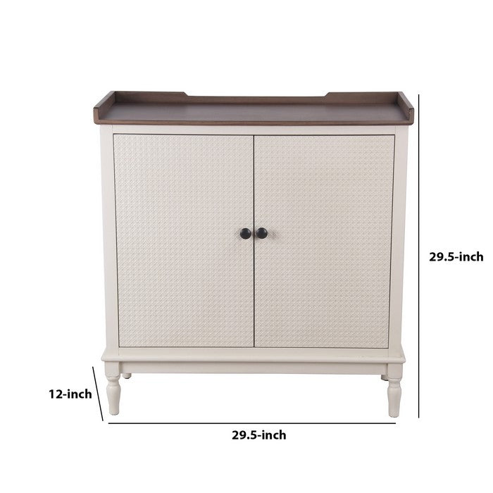 2 Door Wooden Cabinet with Tray Top and Turned Legs, White and Brown