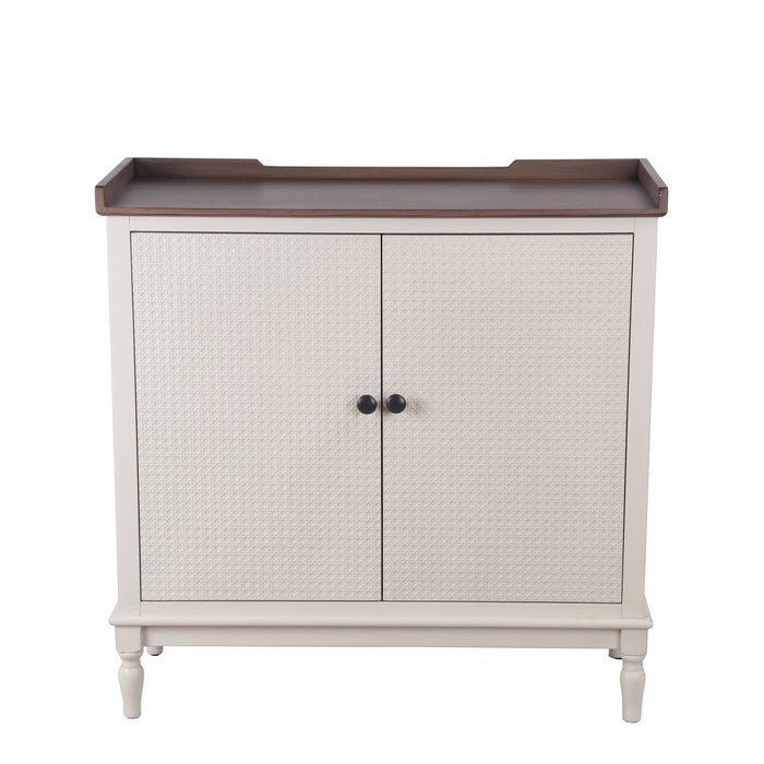 2 Door Wooden Cabinet with Tray Top and Turned Legs, White and Brown