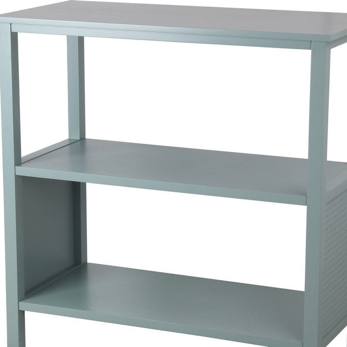 3 Tier Wooden Accent Stand with Texture Side Panels, Sage Blue