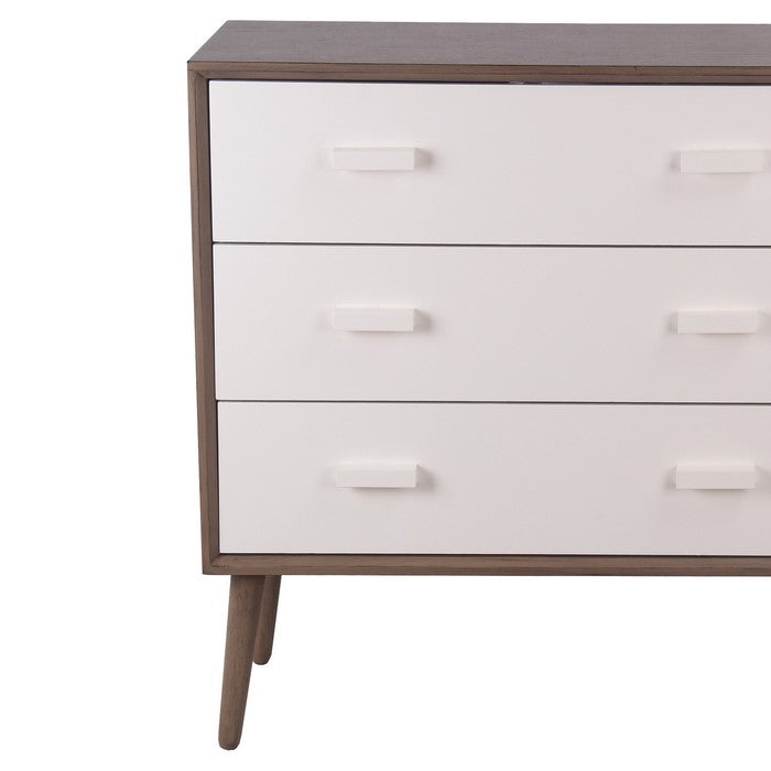 3 Drawer Mid Century Wooden Accent Stand with Splayed Legs, White and Brown