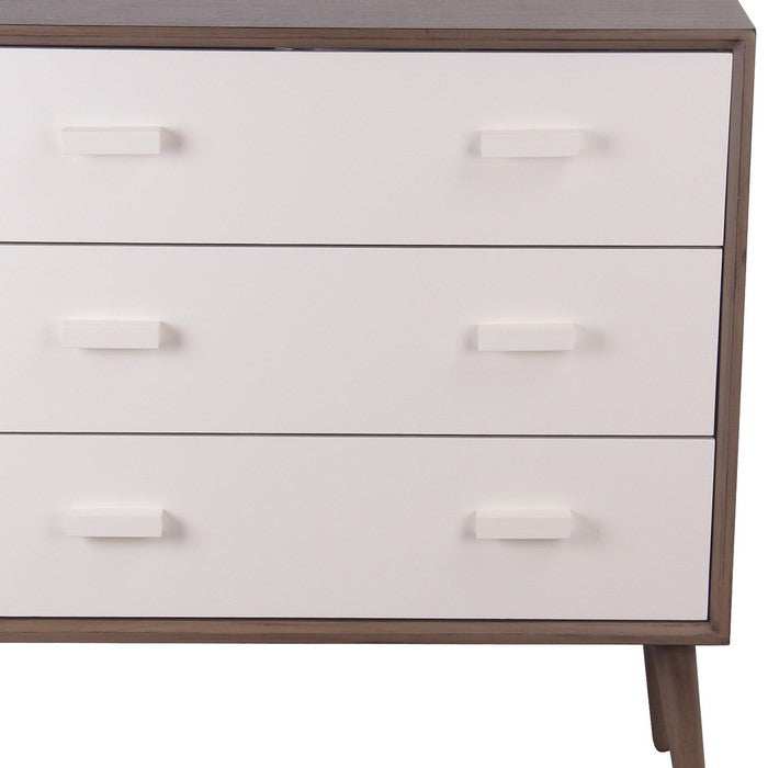 3 Drawer Mid Century Wooden Accent Stand with Splayed Legs, White and Brown