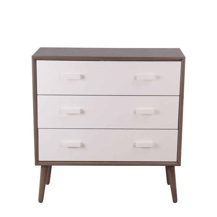 3 Drawer Mid Century Wooden Accent Stand with Splayed Legs, White and Brown