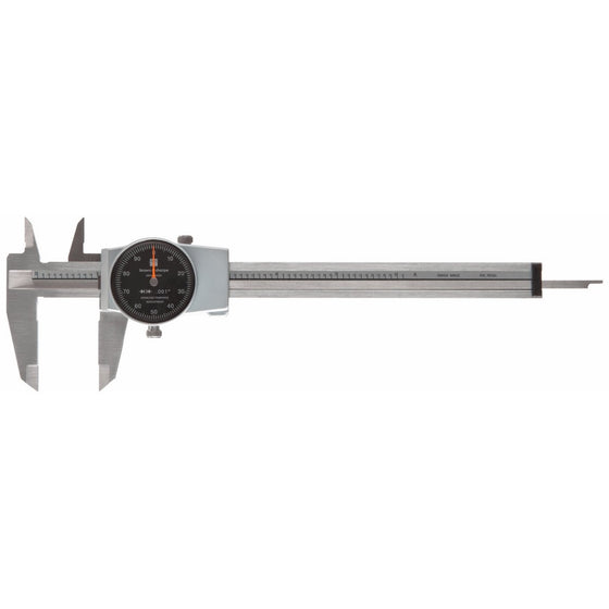 Brown & Sharpe 599-579-5 Dial Caliper, Stainless Steel, Black Face, 0-6" Range, -0.001" Accuracy, 0.001" Resolution, Meets DIN 862 Specifications