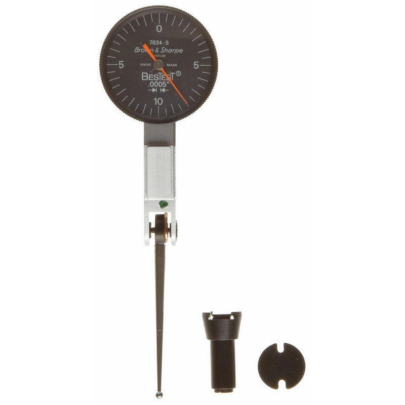 Brown & Sharpe 599-7034-5 Dial Test Indicator Set, M1.4x0.3 Thread, Black Dial, 0-10-0 Reading, 1" Dial Dia., 0-0.02" Range, 0.0005" Graduation, /-0.0005" Accuracy