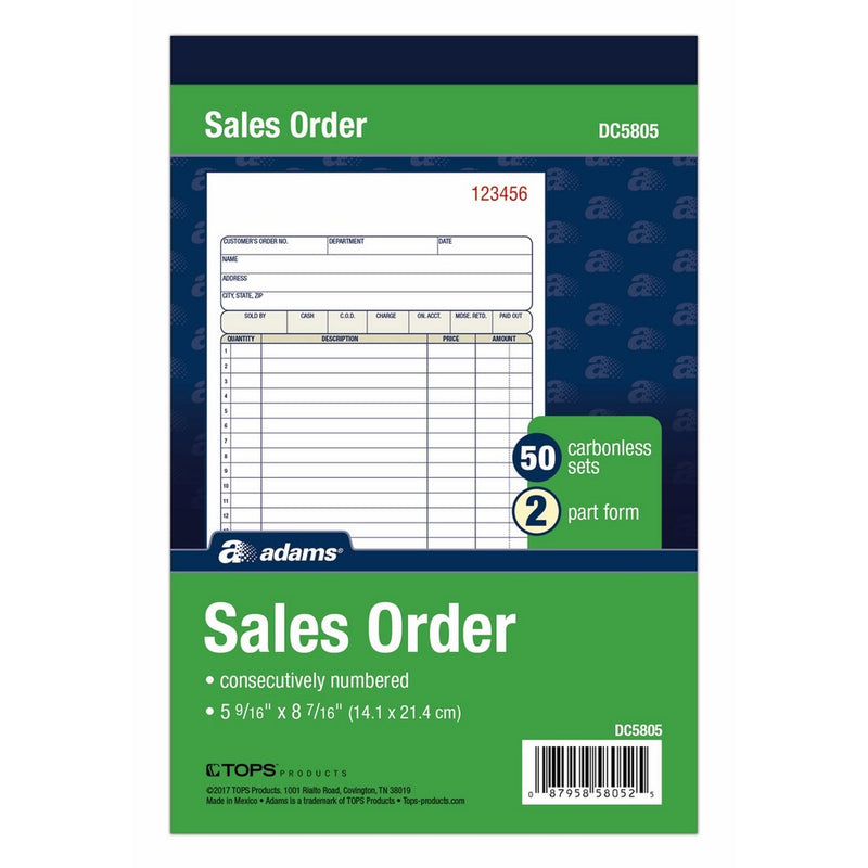 Adams Sales Order Book, 2-Part, Carbonless, White/Canary, 5-9/16 x 8-7/16 Inches, 50 Sets per Book (DC5805)