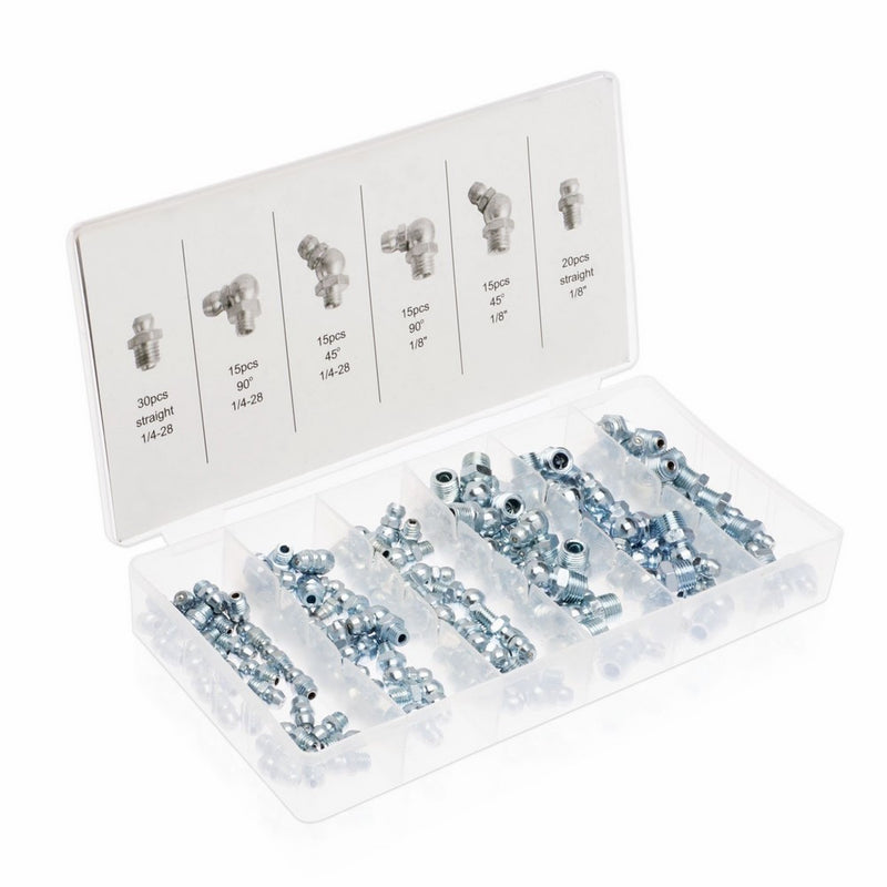 Neiko 50463A SAE Hydraulic Grease Fitting Kit, 110 Piece | Straight and Angled | 1/4", 1/8"