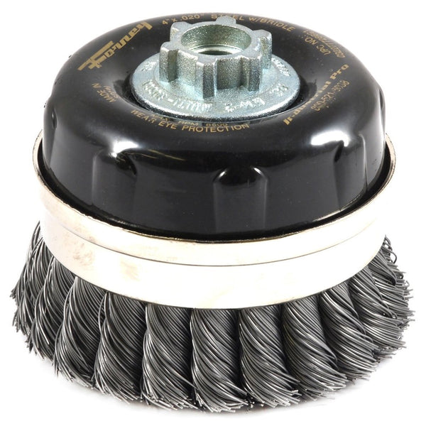 Forney 72869 Wire Cup Brush, Industrial Pro Twist Knot with Bridle 5/8-Inch-11 and M14-by-2.0 Multi Arbor, 4-Inch-by-.020-Inch