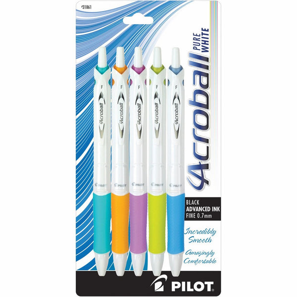 Pilot Acroball PureWhite Retractable Advanced Ink Ball Point Pens; Fine Point, Black Ink, Turquoise/Orange/Purple/Lime/Blue Accents, 5-Pack (31861) Ultra-Smooth Writing, Smear-Resistant Advanced Ink