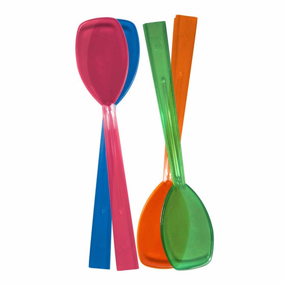 Party Essentials Hard Plastic 9-1/2" Two Piece Serving Utensil Set with Forks/Spoons, Assorted Neon Colors, 2 Set-Count