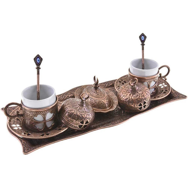 Premium Turkish Greek Arabic Coffee Espresso Serving Set for 2,Cups Saucers Lids Tray Delight Sugar Dish 11pc (Copper Brown)