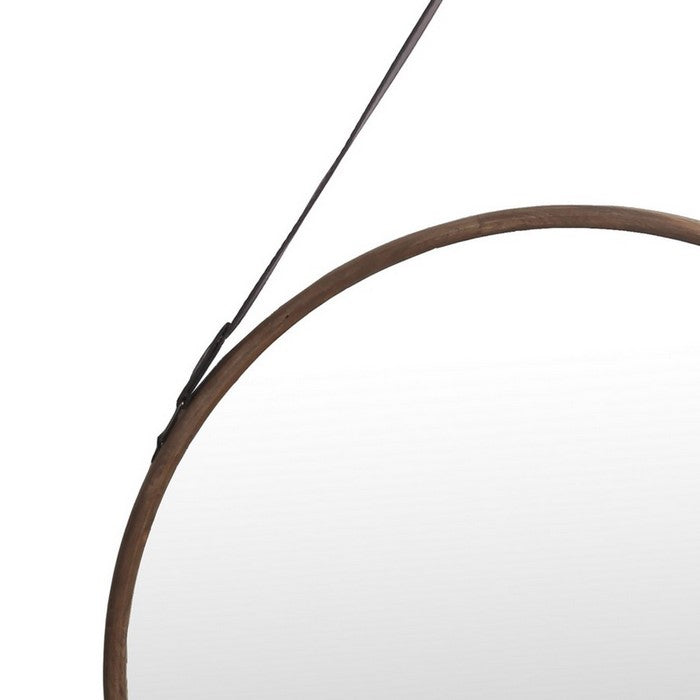 Round Wooden Frame Wall Mirror with Leather Hanger, Black and Brown