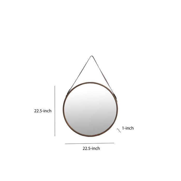 Round Wooden Frame Wall Mirror with Leather Hanger, Black and Brown