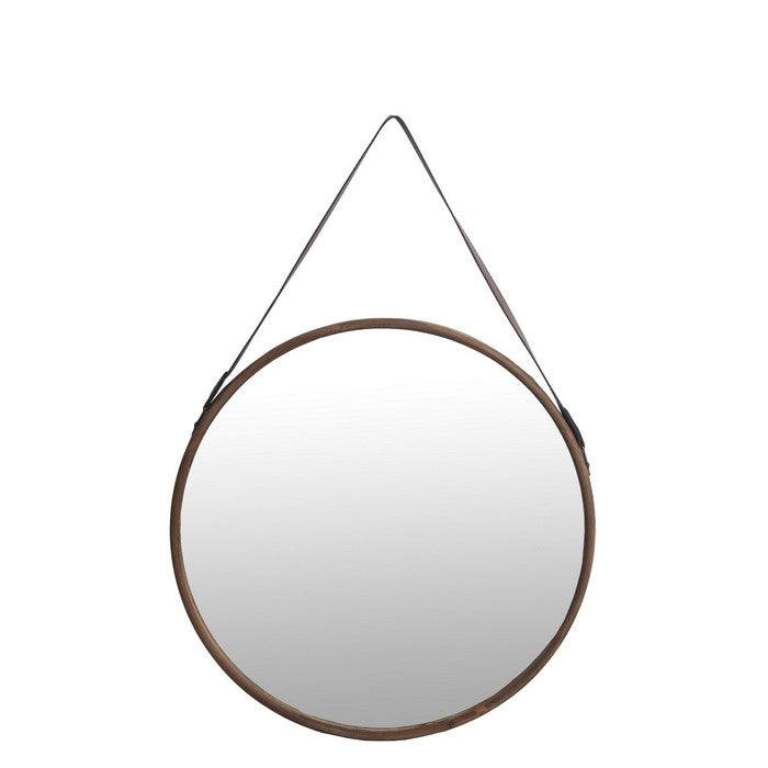 Round Wooden Frame Wall Mirror with Leather Hanger, Black and Brown