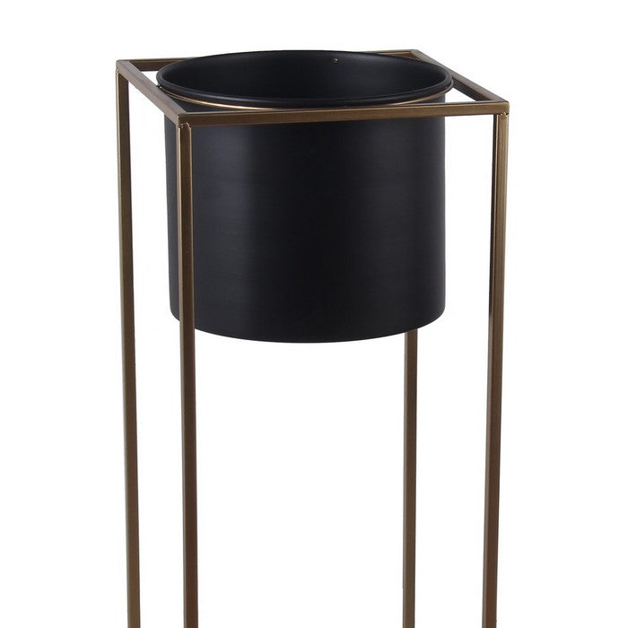 Metal Round Planter with Square Shaped Frame, Set of 2, Black and Gold