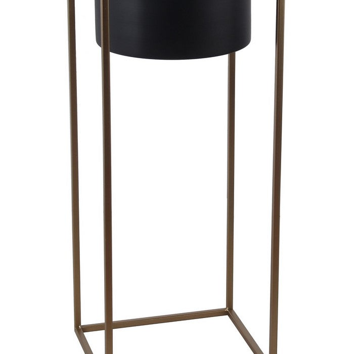 Metal Round Planter with Square Shaped Frame, Set of 2, Black and Gold