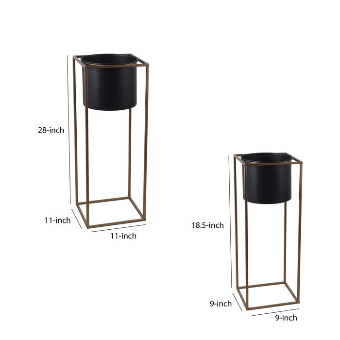 Metal Round Planter with Square Shaped Frame, Set of 2, Black and Gold