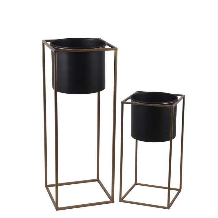 Metal Round Planter with Square Shaped Frame, Set of 2, Black and Gold