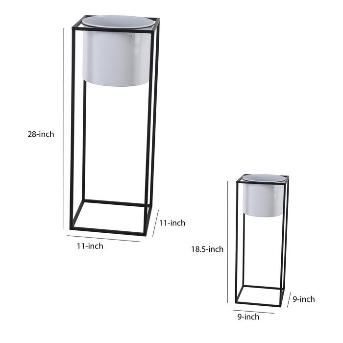 Metal Round Planter with Square Shaped Frame, Set of 2, Black and White