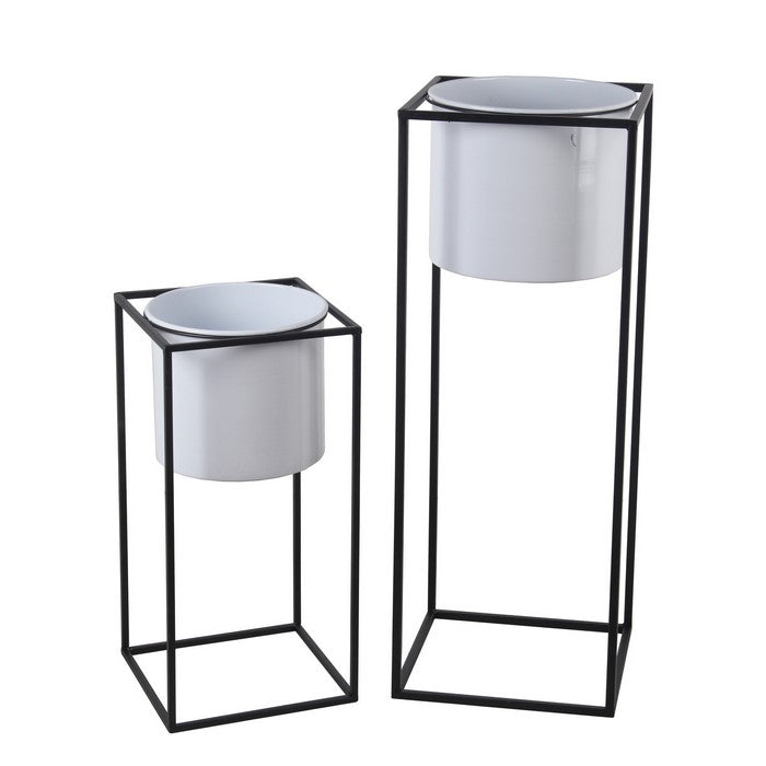 Metal Round Planter with Square Shaped Frame, Set of 2, Black and White