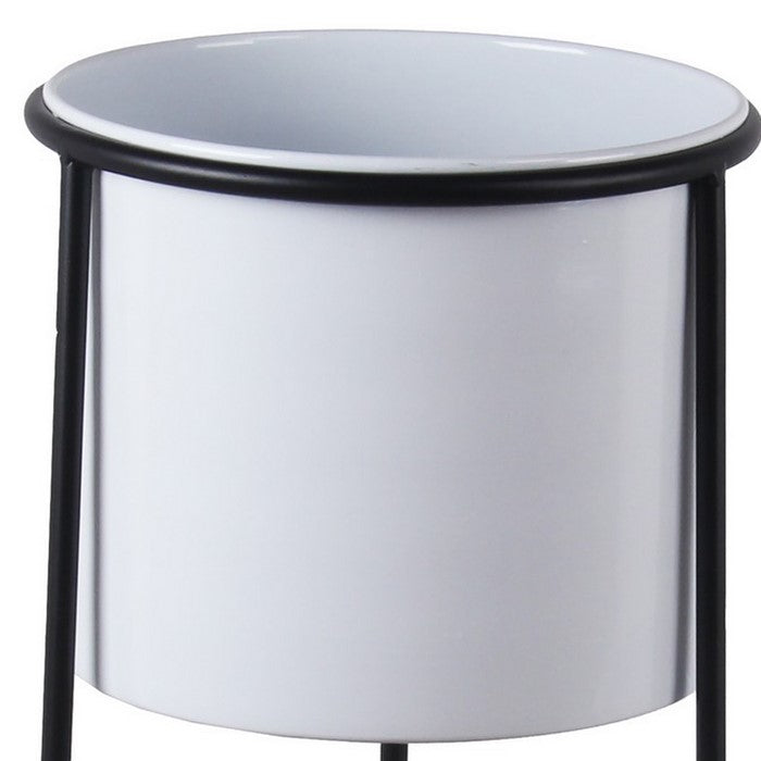Industrial Metal Round Planter with Tri Base, Set of 2, White and Black