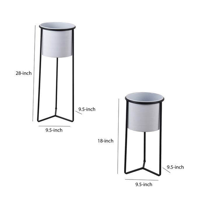 Industrial Metal Round Planter with Tri Base, Set of 2, White and Black