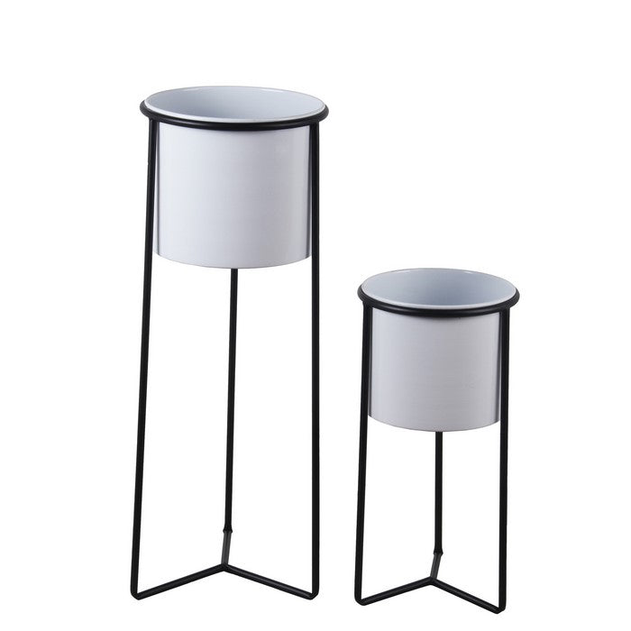 Industrial Metal Round Planter with Tri Base, Set of 2, White and Black
