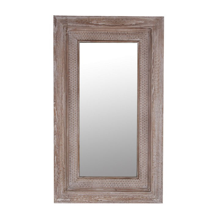 Rectangular Wooden Frame Wall Mirror with Weathered Details, Brown