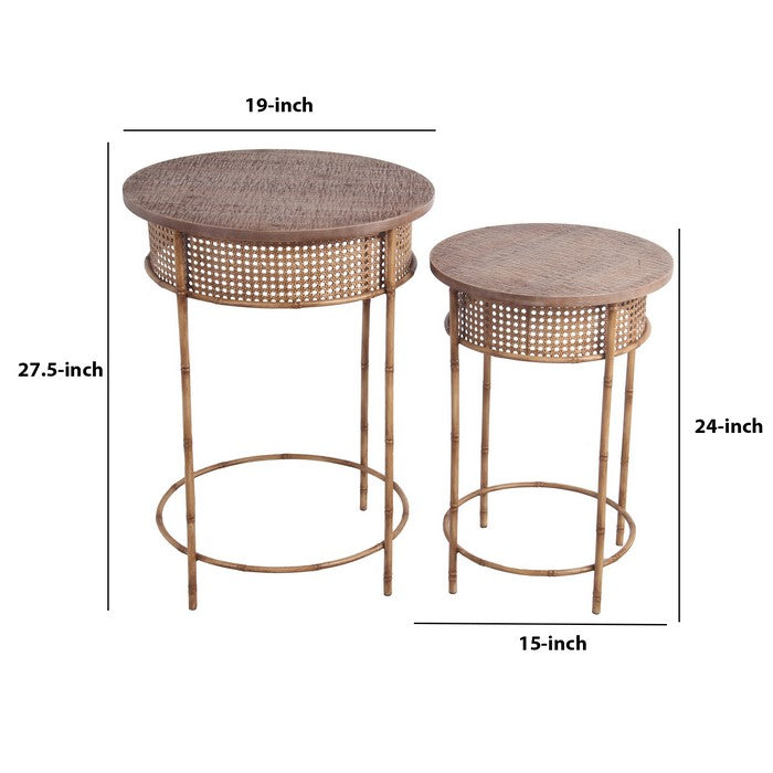 Farmhouse Round Top Accent Table with Rough Hewn Texture, Set of 2, Brown