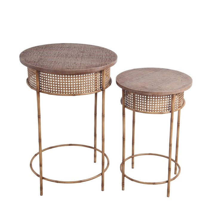 Farmhouse Round Top Accent Table with Rough Hewn Texture, Set of 2, Brown