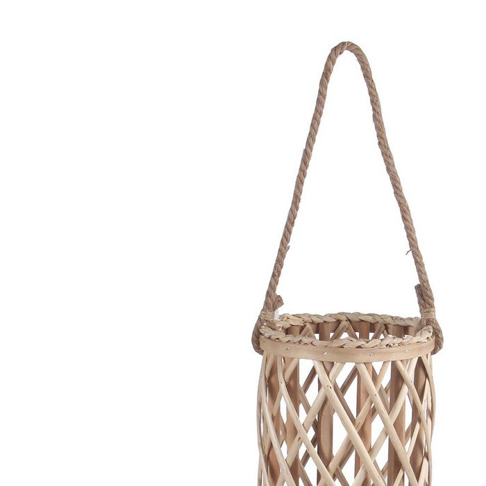 Cylindrical Bamboo Lantern with Lattice Design and Rope Handle,Large,Brown