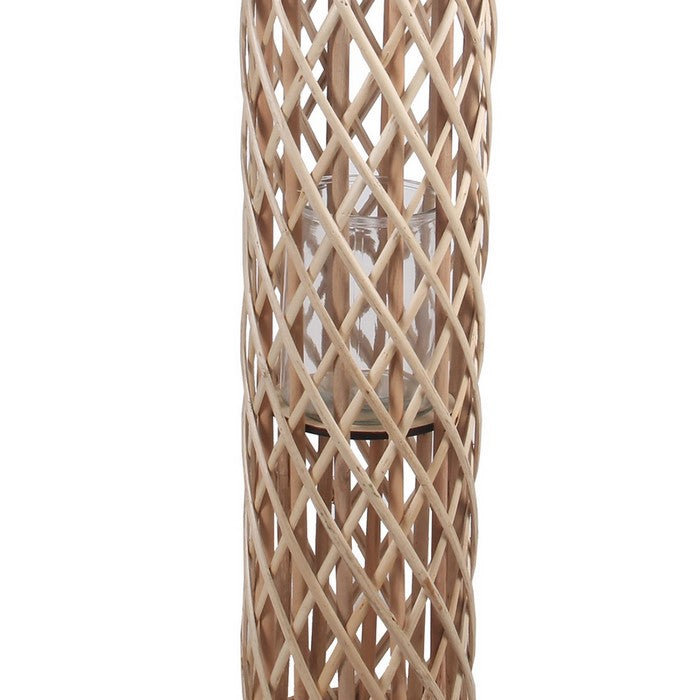 Cylindrical Bamboo Lantern with Lattice Design and Rope Handle,Large,Brown