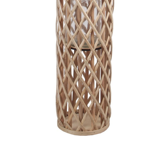 Cylindrical Bamboo Lantern with Lattice Design and Rope Handle,Large,Brown