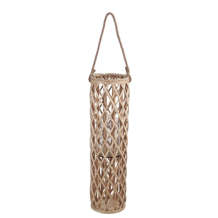 Cylindrical Bamboo Lantern with Lattice Design and Rope Handle,Large,Brown