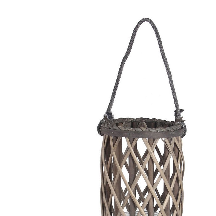 Cylindrical Bamboo Lantern with Lattice Design and Rope Handle,Large,Gray